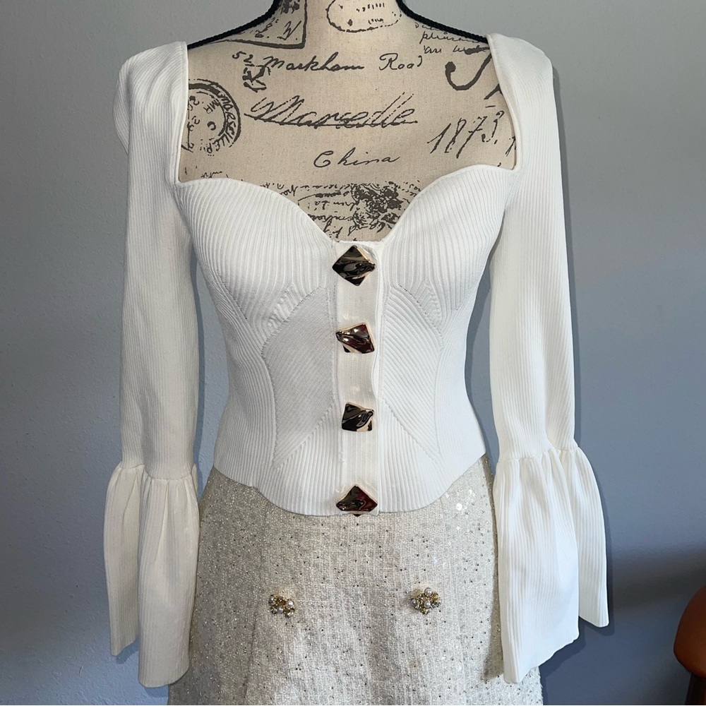 SELF PORTRAIT WHITE ribbed KNIT TOP